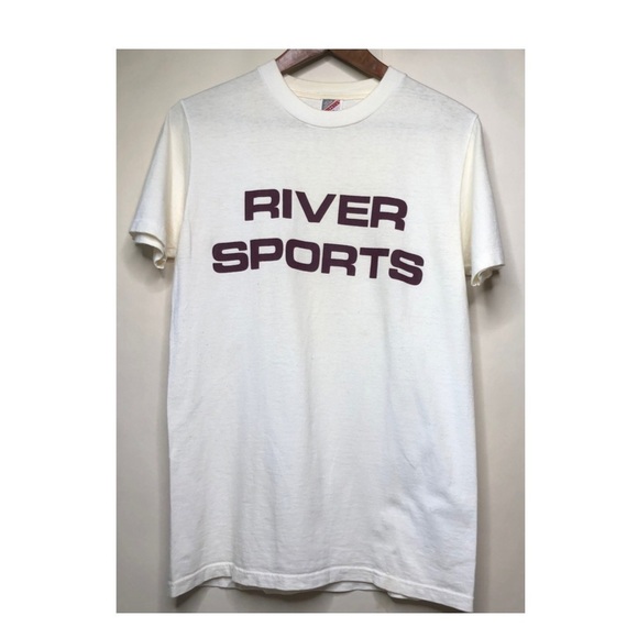 Vintage Jerzees ‘River Sports’ Tee Cream with Maroon Font Sz Sm - Picture 1 of 11